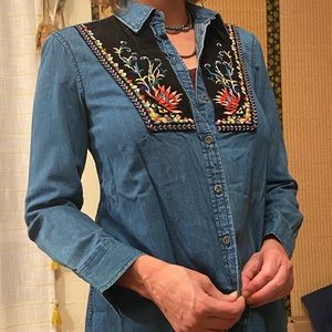 Holding Horses denim and velvet embroidered top